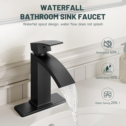 Matte Black Waterfall Bathroom Faucets for 1 or 3 Holes, Brass | Single Handle Bathroom Sink Faucet for Lavatory Commercial Vanity, Basin Taps with Deck Plate, Pop Up Drain and Supply Line