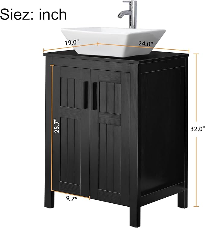 UEV Black 24" Bathroom Vanity with Sink Combo,Modern Vanity with Vessel Sink,Stylish Bathroom Vanity Cabinet,Grooved Doors & Metal Handles,Modern White Square Bowl Ceramic Vessel Sink(A07)