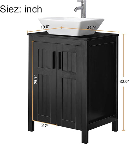 UEV Black 24" Bathroom Vanity with Sink Combo,Modern Vanity with Vessel Sink,Stylish Bathroom Vanity Cabinet,Grooved Doors & Metal Handles,Modern White Square Bowl Ceramic Vessel Sink(A07)