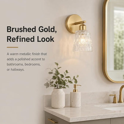 Brushed Gold Bathroom Wall Sconce, 1-Light Stainless Steel Vanity Light Over Mirror with Textured Glass Shade, Modern E26 Fixture for Bathroom Lighting (Bulb Not Included)