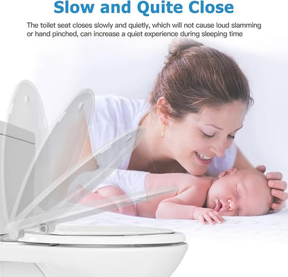 19" Elongated Toilet Seat 2-Piece Set for Adult and Child, Built-In Potty Training with Soft Quiet Close and Non-Slip Design, Magnetic Seat and Cover, White, Easy to Install