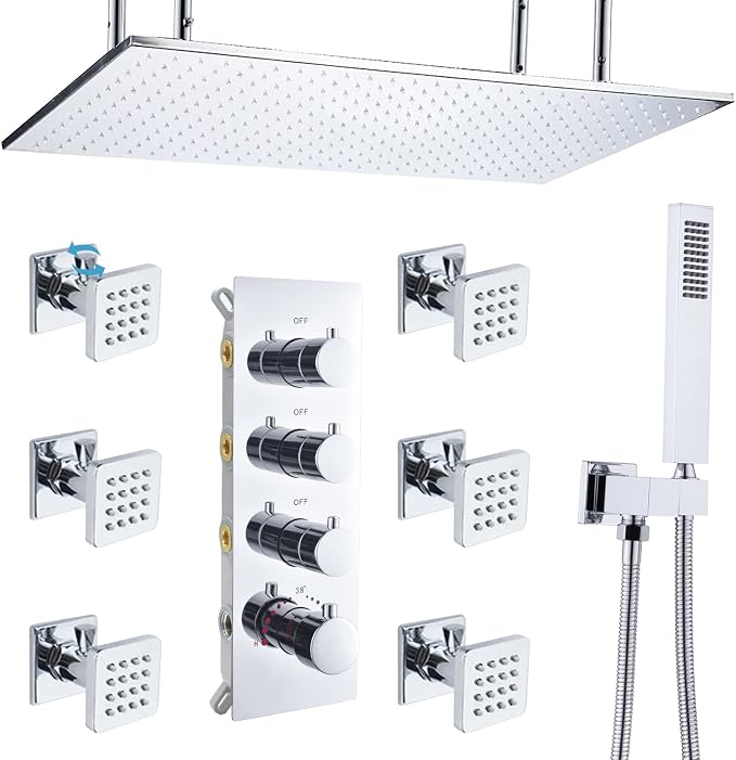 Bathroom Shower System, 16X32 inches Ceiling Mount Thermostatic Large Rain Shower with Adjustable Flow Body Jets, Multi Shower Jets System Can Run All At Once (Chrome)