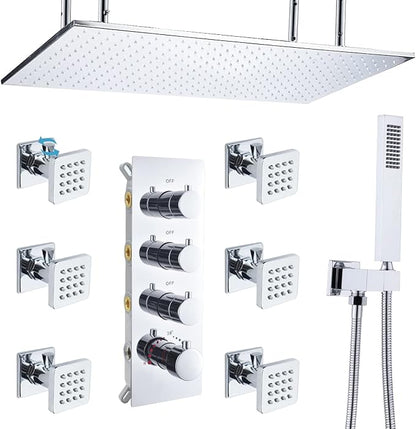Bathroom Shower System, 16X32 inches Ceiling Mount Thermostatic Large Rain Shower with Adjustable Flow Body Jets, Multi Shower Jets System Can Run All At Once (Chrome)