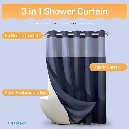 River Dream Heavyweight Waffle No Hook Shower Curtain with Liner,Navy,71x86 | Dotted Waffle,Snap-in Liner,Heavy Duty,Quick Dry,Mesh Top Window,With Bottom Magnets,Hotel-Grade,Washable,Extra Long Size