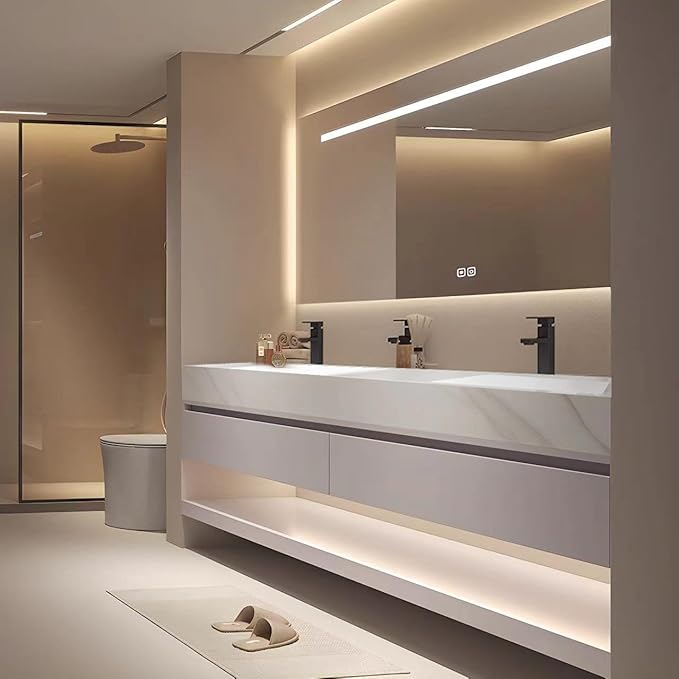 52" Double Sink Modern Bathroom Vanity Set with LED Mirror, Seamless Design with Ceramic Sink & Quartz Countertop, Paint-Free Multi-Layer Solid Wood Cabinet, Soft-Close Doors, White‌