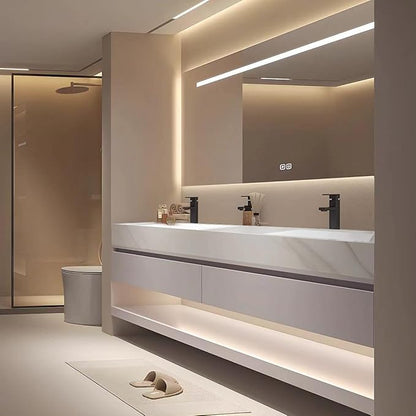 52" Double Sink Modern Bathroom Vanity Set with LED Mirror, Seamless Design with Ceramic Sink & Quartz Countertop, Paint-Free Multi-Layer Solid Wood Cabinet, Soft-Close Doors, White‌