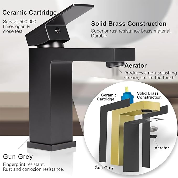 Bathroom Faucet Single Handle Bathroom Faucet More Textured Than Black Brass Single Faucet & Bathroom Sink Drain, Solid Brushed Grey 1 Hole Sink Faucet, cUPC & CEC Certified (Gray)