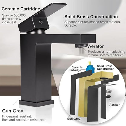 Bathroom Faucet Single Handle Bathroom Faucet More Textured Than Black Brass Single Faucet & Bathroom Sink Drain, Solid Brushed Grey 1 Hole Sink Faucet, cUPC & CEC Certified (Gray)