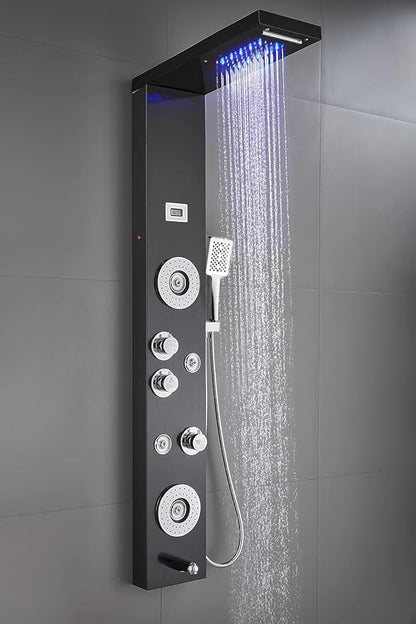 ELLO&ALLO Stainless Steel Shower Panel Tower System,LED Shower Head 6-Function Faucet Rain Massage System with Body Jets, Black