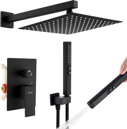 Rain Shower System, 12''Square Rain Head,2-Spray Handheld,Matte Black | 2 Spray Functions,Anti-Tangle Explosion-proof PVD Hose,Balance Temp Valve,Rust-proof & Scratch-resistant