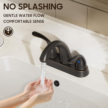 Phiestina 4 Inch 2 or 3 Holes 2 Handles Centerset Lead-Free Bathroom Sink Faucet, Oil Rubbed Bronze Bathroom Faucet with Copper Pop Up Drain and Water Supply Lines, BF008-5-ORB