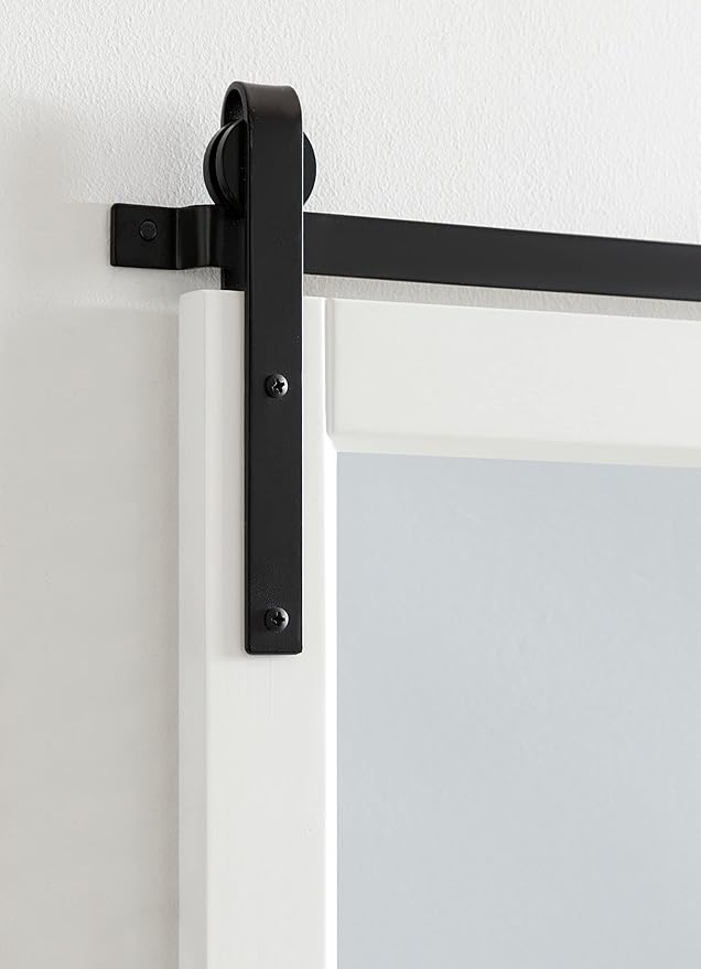 Kate and Laurel Skylan Modern Farmhouse Decorative Wood Framed Wall Mirror; 38 x 27; White and Black; Barn Door-Inspired Transitional Wall Hanging Mirror for Bathroom or Living Room Uses