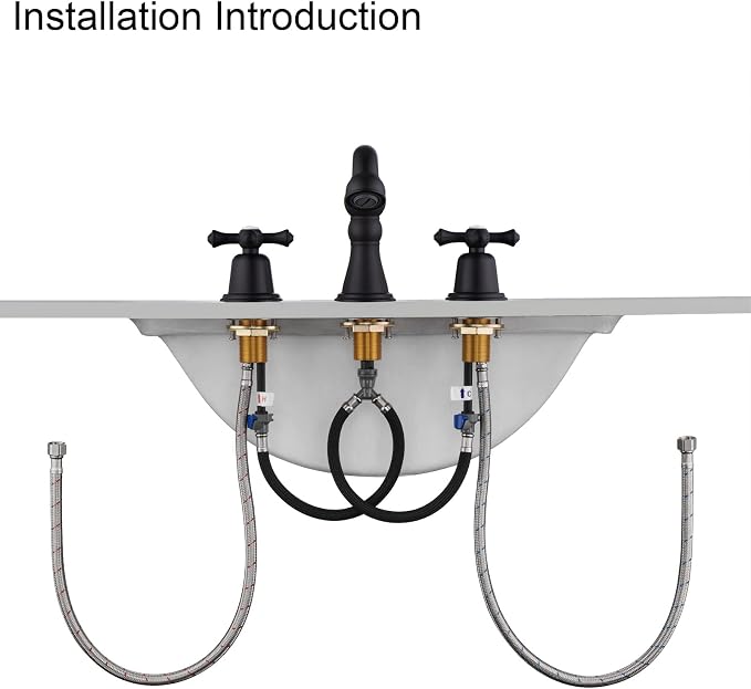 RKF Bathroom Faucets for Sink 3 Hole Black 8 inch Widespread Bathroom Sink Faucet with Drain 2 Handles Cross Knobs Faucet Bathroom Vanity Basin Mixer Tap CWF033-MB