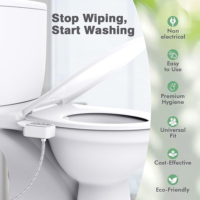 Bidet Attachment for Toilet - Non-Electric Self-Cleaning Dual Nozzles (Feminine & Rear Wash), Adjustable Water Pressure Control, Fresh Cold Water Sprayer