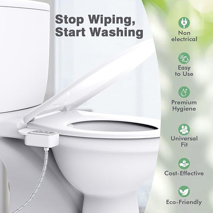 Bidet Attachment for Toilet - Non-Electric Self-Cleaning Dual Nozzles (Feminine & Rear Wash), Adjustable Water Pressure Control, Fresh Cold Water Sprayer