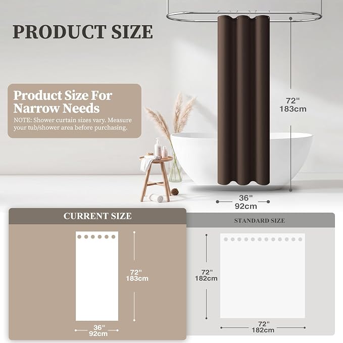 Stall Linen Textured Waterproof Cloth Shower Curtain Set, 36x72, Brown | Half Size, 230GSM Polyester, Heavy Duty Fabric, Weighted Hem, 6 Plastic Hooks, Modern Luxury Hotel Style, Machine Washable