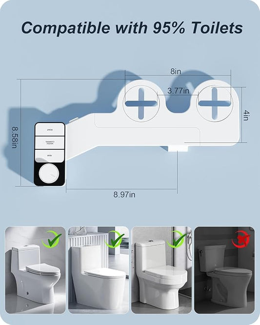 Ultra-Slim Bidet Attachment for Toilet Dual Nozzles Feminine & Rear Wash Bidet Toilet Seat Attachment Non Electric Self Cleaning Adjustable Water Pressure, Rear Wash (KB002)
