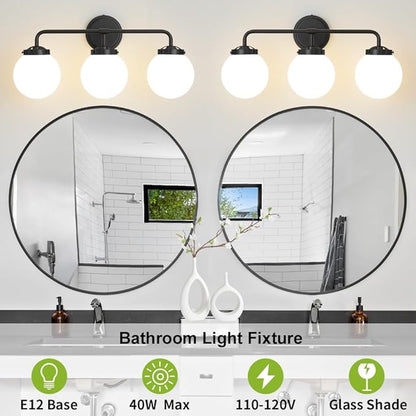 Black Bathroom Light Fixtures Over Mirror, 3-Light Modern Vanity Lighting with Milk White Glass Globe Shade Wall Sconce