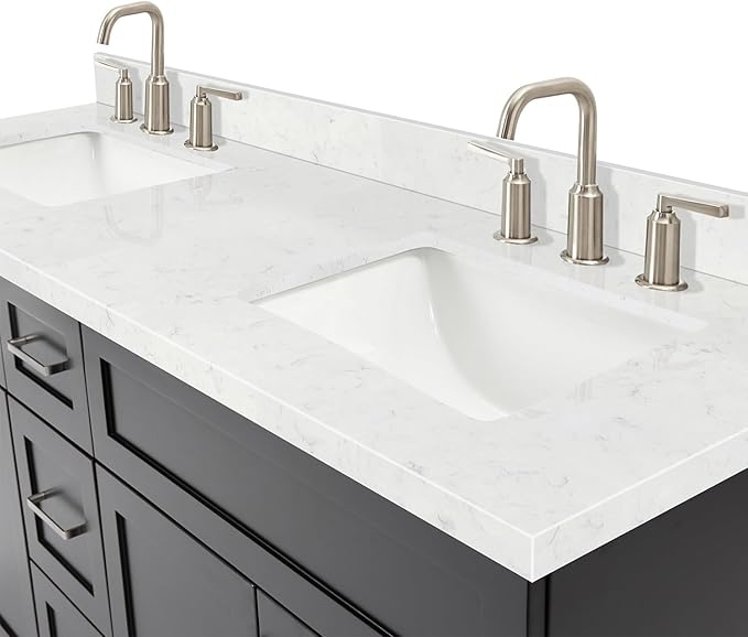 ARIEL Hamlet 72-inch Bathroom Vanity with Sink,Solid Wood, 1.5-inch Carrara White Quartz Countertop & Backsplash, Double Rectangular Porcelain Sink, 4 Soft Closing Doors, 3 Dovetail Drawers, Black