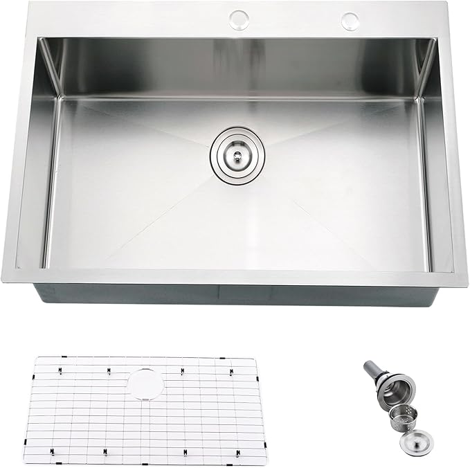 Drop in Kitchen Sink, 28x19 Stainless Steel Kitchen Sink | Drop In Top Mount 16 Gauge Single Bowl Deep Sink with Drain Strainer