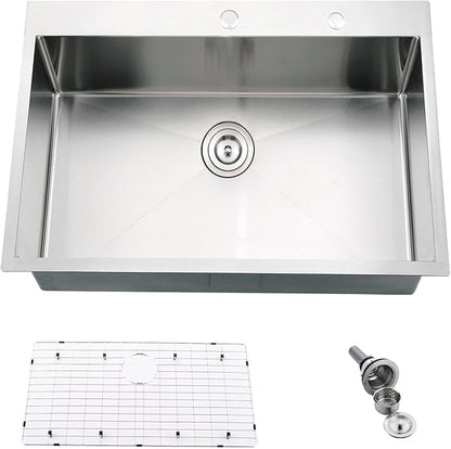 Drop in Kitchen Sink, 28x19 Stainless Steel Kitchen Sink | Drop In Top Mount 16 Gauge Single Bowl Deep Sink with Drain Strainer
