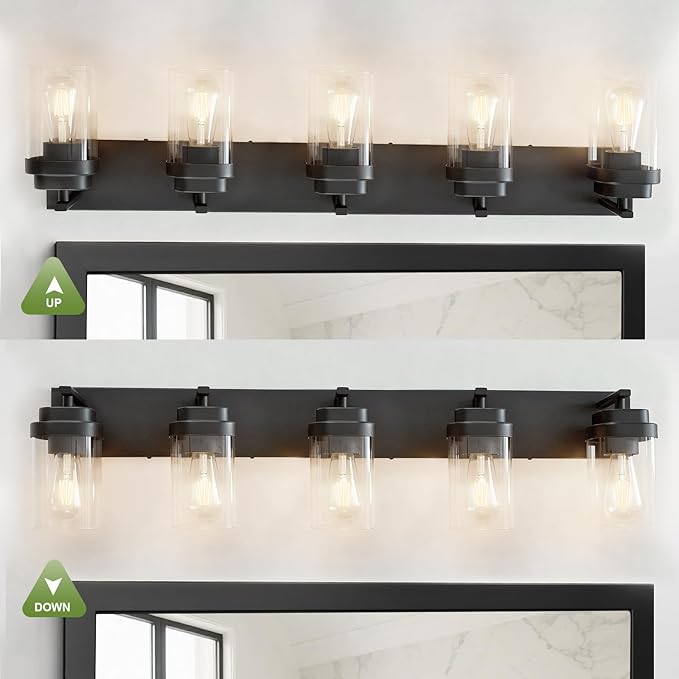 Black Bathroom Light Fixtures, 5 Lights Bathroom Lighting Fixtures Over Mirror, Square Design & Rectangle Large Backplate, Modern Vanity Lighting Fixtures, for Bathroom/Living Room/Bedroom