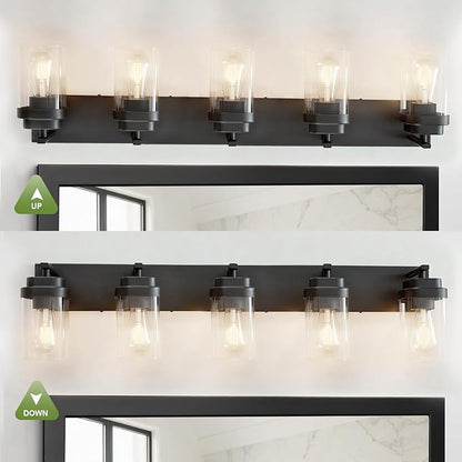 Black Bathroom Light Fixtures, 5 Lights Bathroom Lighting Fixtures Over Mirror, Square Design & Rectangle Large Backplate, Modern Vanity Lighting Fixtures, for Bathroom/Living Room/Bedroom