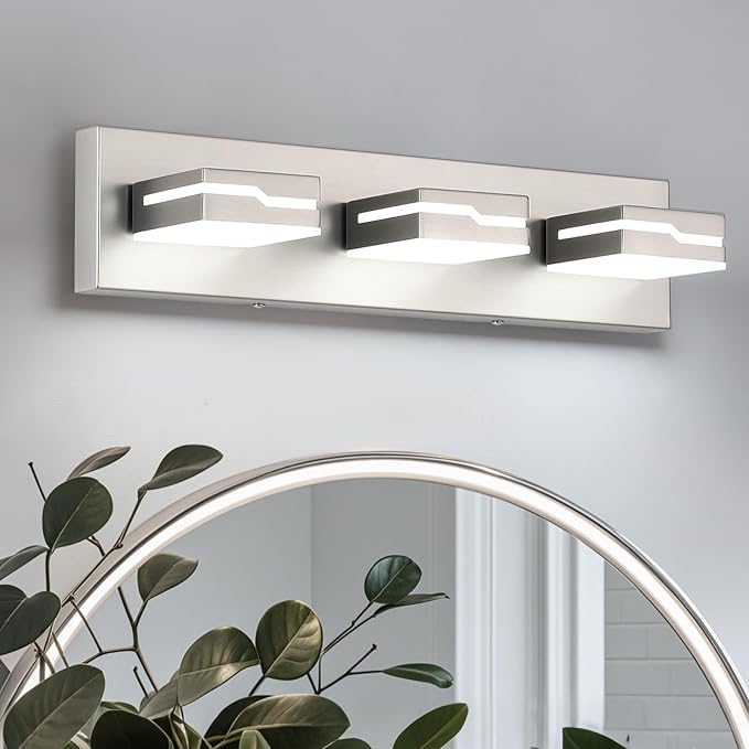 LED Modern Bathroom Vanity Light Fixtures 3-Light, 19 inch Dimmable Nickel Vanity Lights for Bathroom Lighting Fixtures Over Mirror, with 350°Rotatable Acrylic Heads(White Light 5500K)