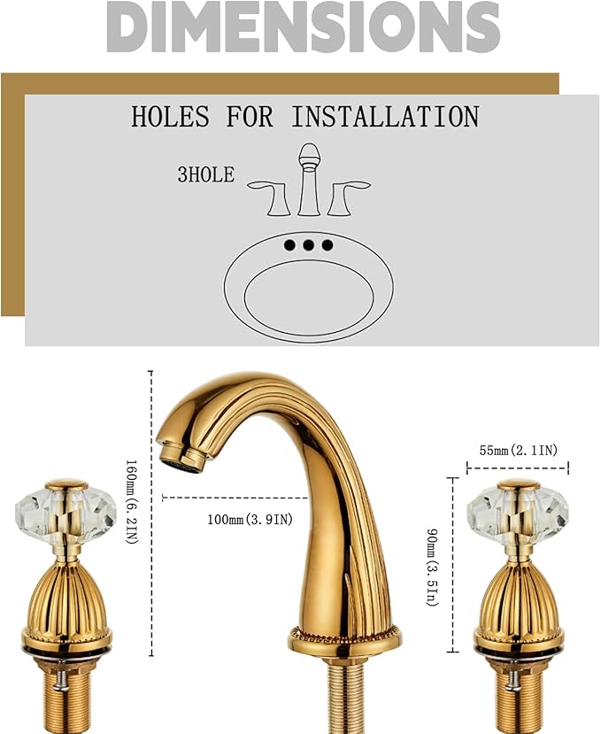 Gold Bathroom Faucet Antique Brass Three Holes Widespread Crystal Handle Bathroom Sink Faucets Retro Vintage Lavatory Vanity Faucet