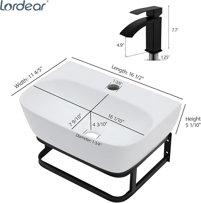 Lordear Wall Mounted Vessel Sink 16x11 Inch, U-Shape White Porcelain Bathroom Sink with Black Faucet and Support Pedestal Legs, Wall Hung Vanity Sink with Towel Rack for Small Bathrooms