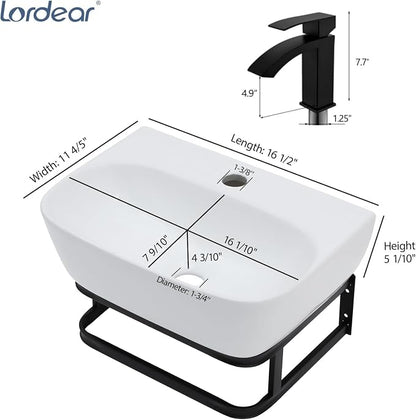 Lordear Wall Mounted Vessel Sink 16x11 Inch, U-Shape White Porcelain Bathroom Sink with Black Faucet and Support Pedestal Legs, Wall Hung Vanity Sink with Towel Rack for Small Bathrooms