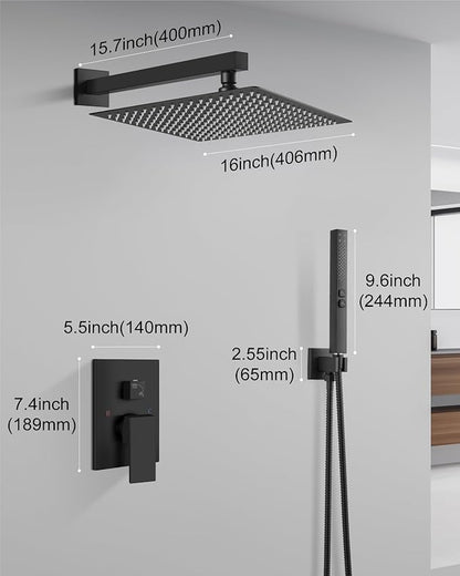 Shower Faucet Set Rainfall Shower System with Square Showerhead and Handle Set Fixture with 2 in 1 Function Handheld Sprayer Wall Mounted Trim Repair Kit Rough-in Valve 16 Inch Matte Black