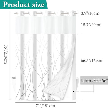 No Hook Ombre Grey White Striped Long Shower Curtain with Snap in Liner Set - Hotel Shower Curtain and Liner Set with See Through Mesh Top Window,Machine Washable, 71x86 INCH