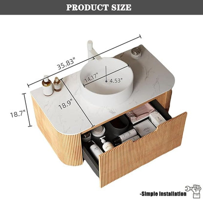 36'' Bathroom Vanities Cabinet with Sink Combo, Wall Mounted Floating Cabinet W/Curved Edges Stripes, Oak Plywood, Soft-close System with a Drawer, White Round Ceramic Basin - Kiel, Natural Wood