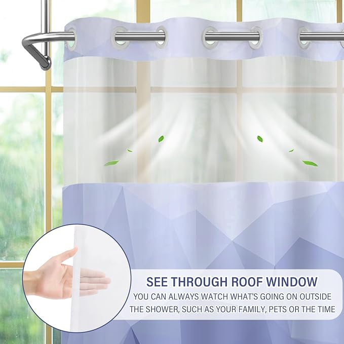 No Hook Shower Curtain with Snap in Liner Set, Light Blue, 71x74 | Waterproof Fabric for Bathroom, Modern Hotel Style Ombre Design, Mesh Top Window, Machine Washable, Quick Install