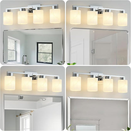 4-Light Bathroom Light Fixtures, Modern Vanity Lights, Chrome Metal Wall Lamp with White Marble Glass for Bathroom, Mirror, Living Room, Bedroom, Cabinet, Porch, Hallway, E26 Base