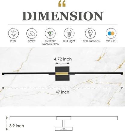 47 Inch Bathroom Light Fixtures, 28W 3CCT Dimmable Black and Gold LED Vanity Lighting Fixtures Over Mirror, 360?Rotatable Modern Bathroom Vanity Light Bar, AD-W9465-L120-BK