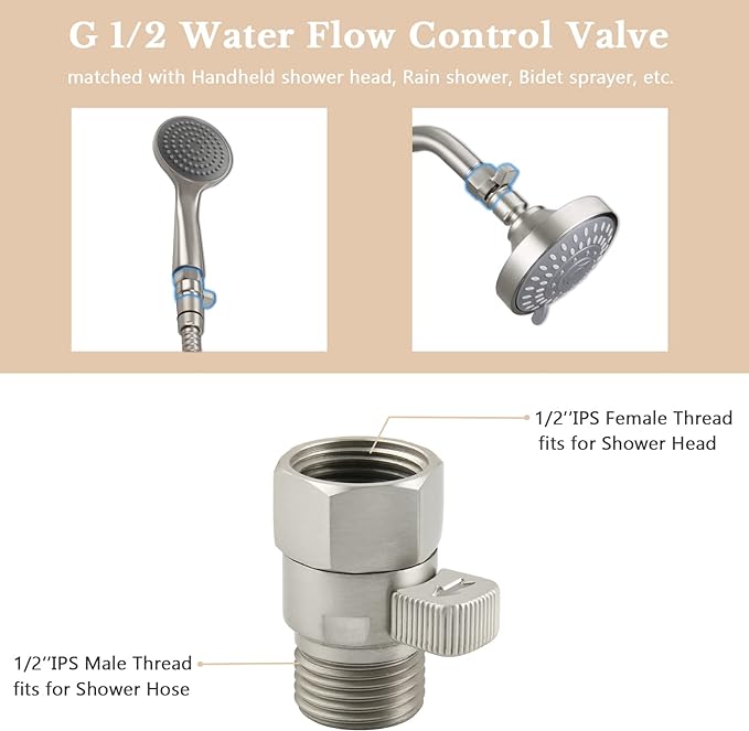 APLusee Shower Head Flow Restrictor for Bathroom Shower, Brushed Nickel | Solid brass, G 1/2 Male and Female Thread, Adjustable Shower Head Shut Off Valve for Control Water Flow