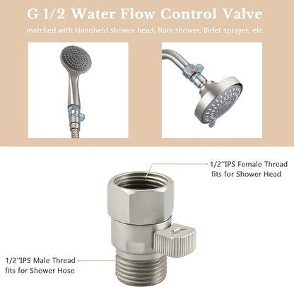 APLusee Shower Head Flow Restrictor for Bathroom Shower, Brushed Nickel | Solid brass, G 1/2 Male and Female Thread, Adjustable Shower Head Shut Off Valve for Control Water Flow