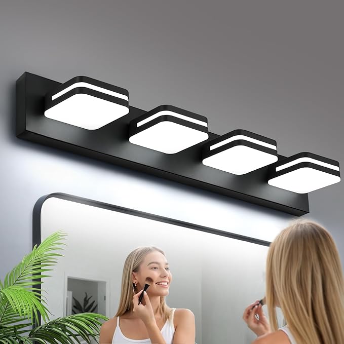 360° Rotate LED Dimmable Bathroom Vanity Light Fixtures, 1600LM Acrylic Matte Black Vanity Lights for Bathroom, Modern Wall Lighting Fixtures Over Mirror Kitchen Living (Natural White Light 5000K)