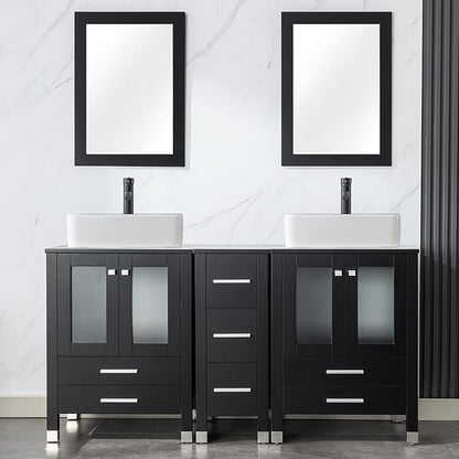 LUCKWIND 60" Double 24" Bathroom Vanity with Sink Combo, Elegant Series with One 12.6-in Side Cabinet, Painted Frame, Including Black Line Rectangle Sinks, Faucets Without Mirrors, Black