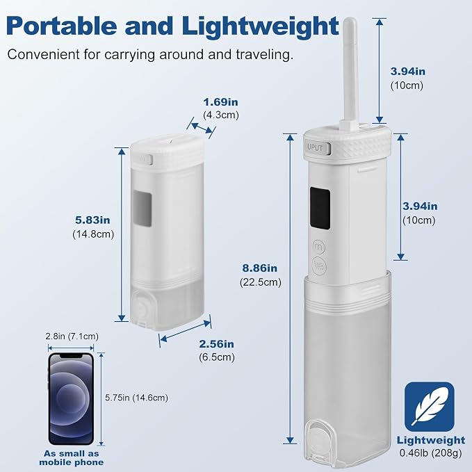 Portable Bidet for Travel, IPX7 Rechargeable Travel Bidet 210ml 4 Nozzles | LED Display, 2 Modes & 3 Pressure Levels, 180° Adjustable, Replacement Nozzles,USB Rechargeable,for Women Men Cleaning,White