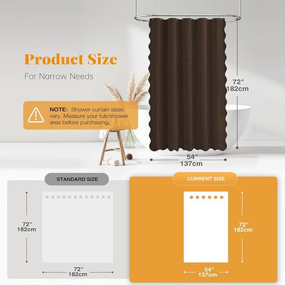 BTTN Small Shower Curtain, 54 Inch Boho Scalloped Linen Textured Heavy Duty Fabric Shower Curtain Set with 10 Hooks, Narrow Country Elegant Waterproof Fabric Shower Curtains for Bathroom, 54x72, Brown