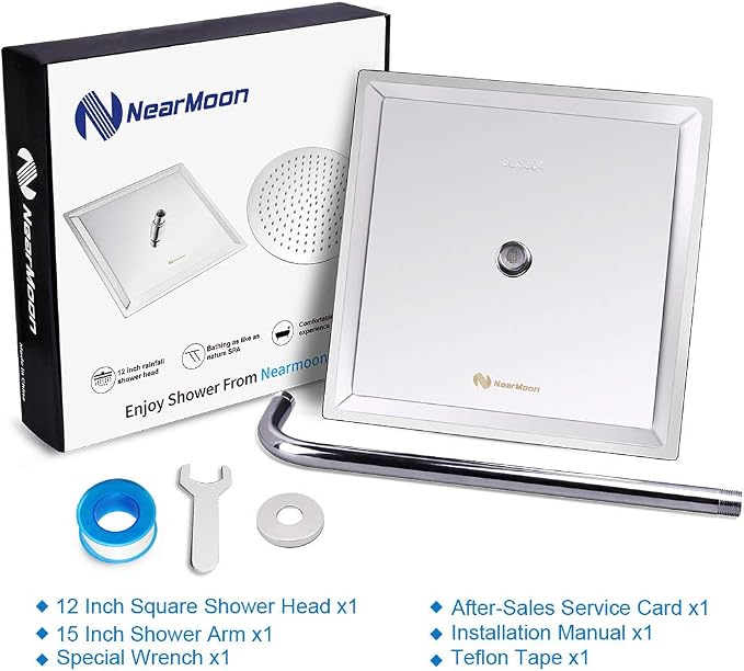 NearMoon Square Rain Shower Head With Extension Arm, Large Stainless Steel Rainfall Shower-Waterfall Full Body Coverage (12 Inch, Chrome)