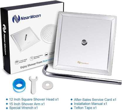 NearMoon Square Rain Shower Head With Extension Arm, Large Stainless Steel Rainfall Shower-Waterfall Full Body Coverage (12 Inch, Chrome)