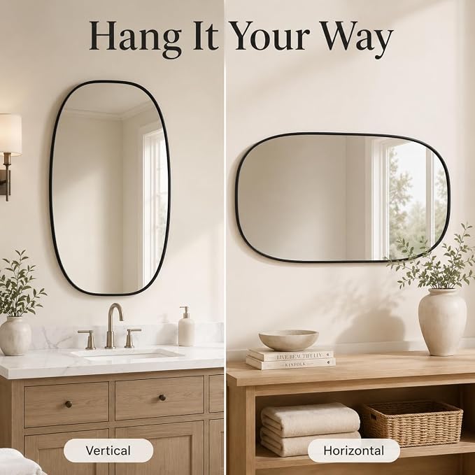 Black Oval Bathroom Mirrors 24x36 Inch | Oblong Vanity Mirror, Crystal-Clear HD Glass, Rust-Proof Aluminum Frame, Inner-Curved Decor for Bedroom, Entryway