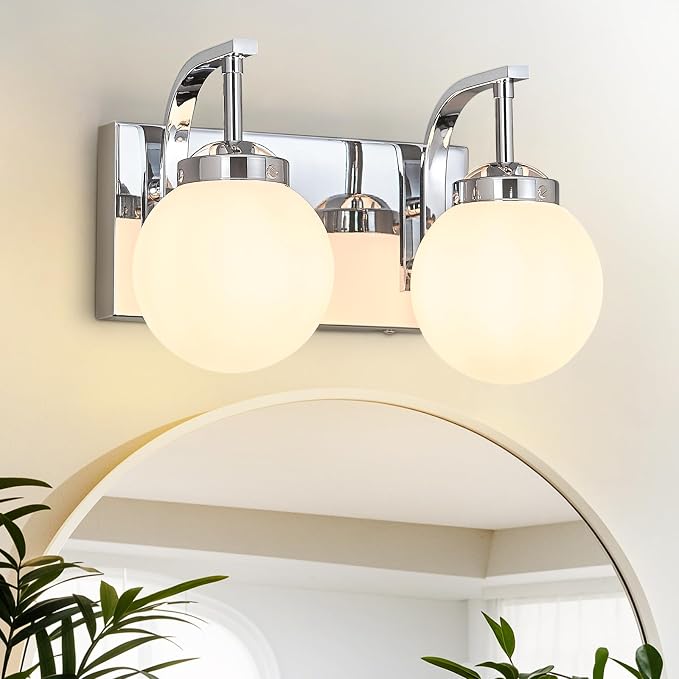 Modern 2 Lights Vanity Light Over Mirror Bathroom Vanity Light Fixtures Chrome Wall Sconce with Milk Glass Vanity Light for Bathroom Lighting
