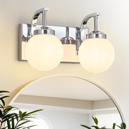 Modern 2 Lights Vanity Light Over Mirror Bathroom Vanity Light Fixtures Chrome Wall Sconce with Milk Glass Vanity Light for Bathroom Lighting
