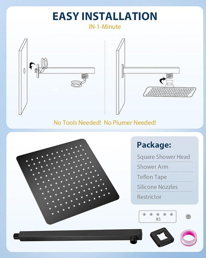 All Metal Matte Black Rainfall Shower Head with Extension Arm, 12" Large Rain Square Showerhead with 16" Long Shower Arm Stainless Steel, 144 Silicone Nozzles Waterfall Full Body Coverage