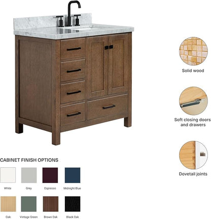 ARIEL Cambridge 36-inch Bathroom Vanity with Sink,Solid Wood, 1.5-inch Italian Carrara Marble Countertop, Single Rectangular Porcelain Sink, 2 Soft Closing Doors, 5 Dovetail Drawers, Brown Oak